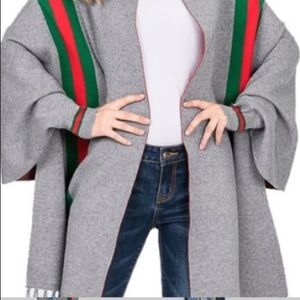 Sleeved Shawl in Grey with Red & Green Stripe, wrap with sleeves